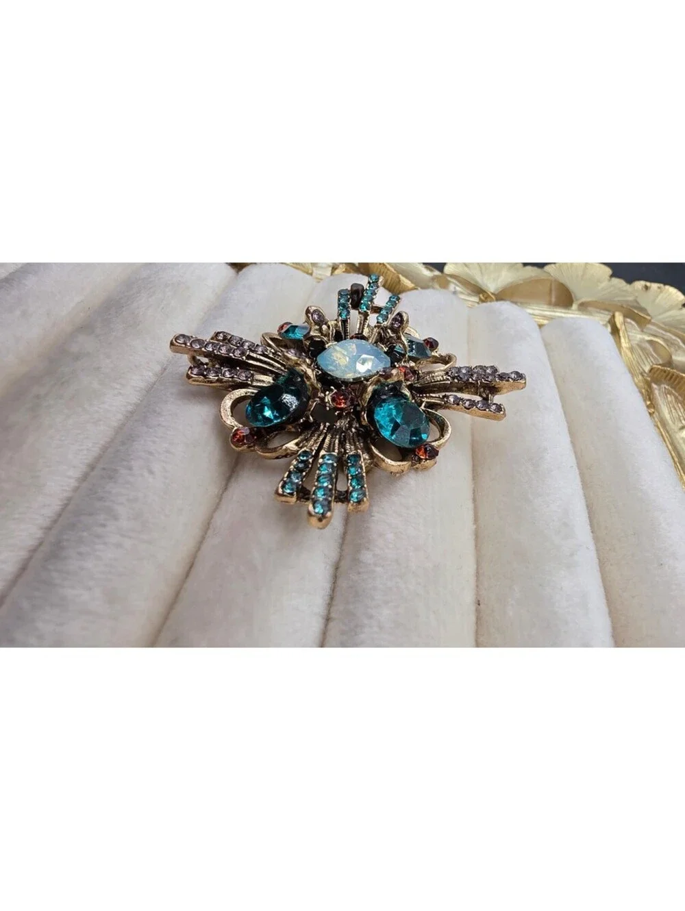 Vintage Style Gold Tone Blue and Opal Rhinestone Brooch